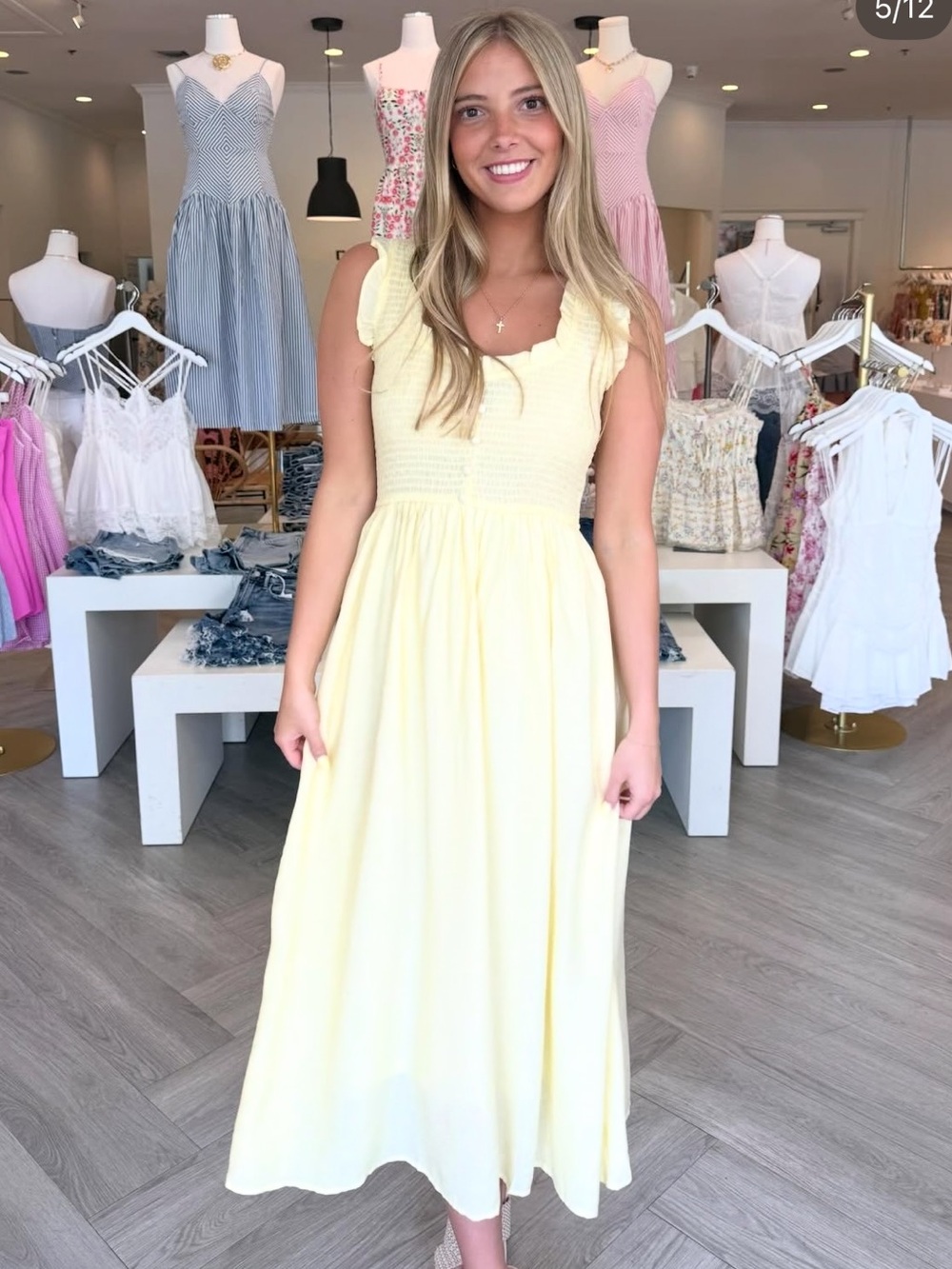 NWT butter-yellow smocked midi dress featuring a sweetheart neckline Size Small - Picture 2 of 14